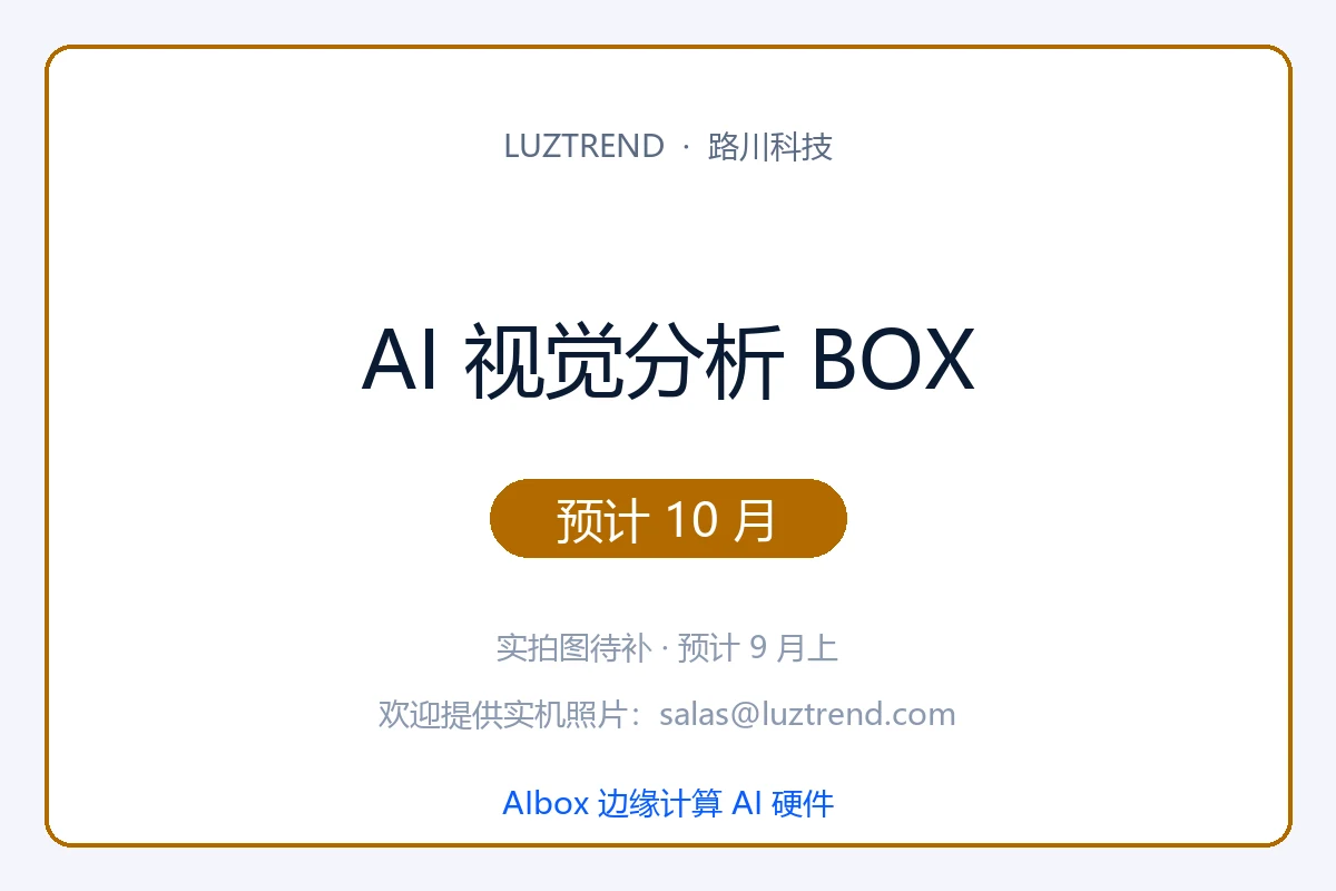 AI 视觉分析 BOX · 预计 10 月发布 · 实拍图 9 月上补 · 7 天无理由 15 天换新 1 年保修 · 售后联系 salas@luztrend.com